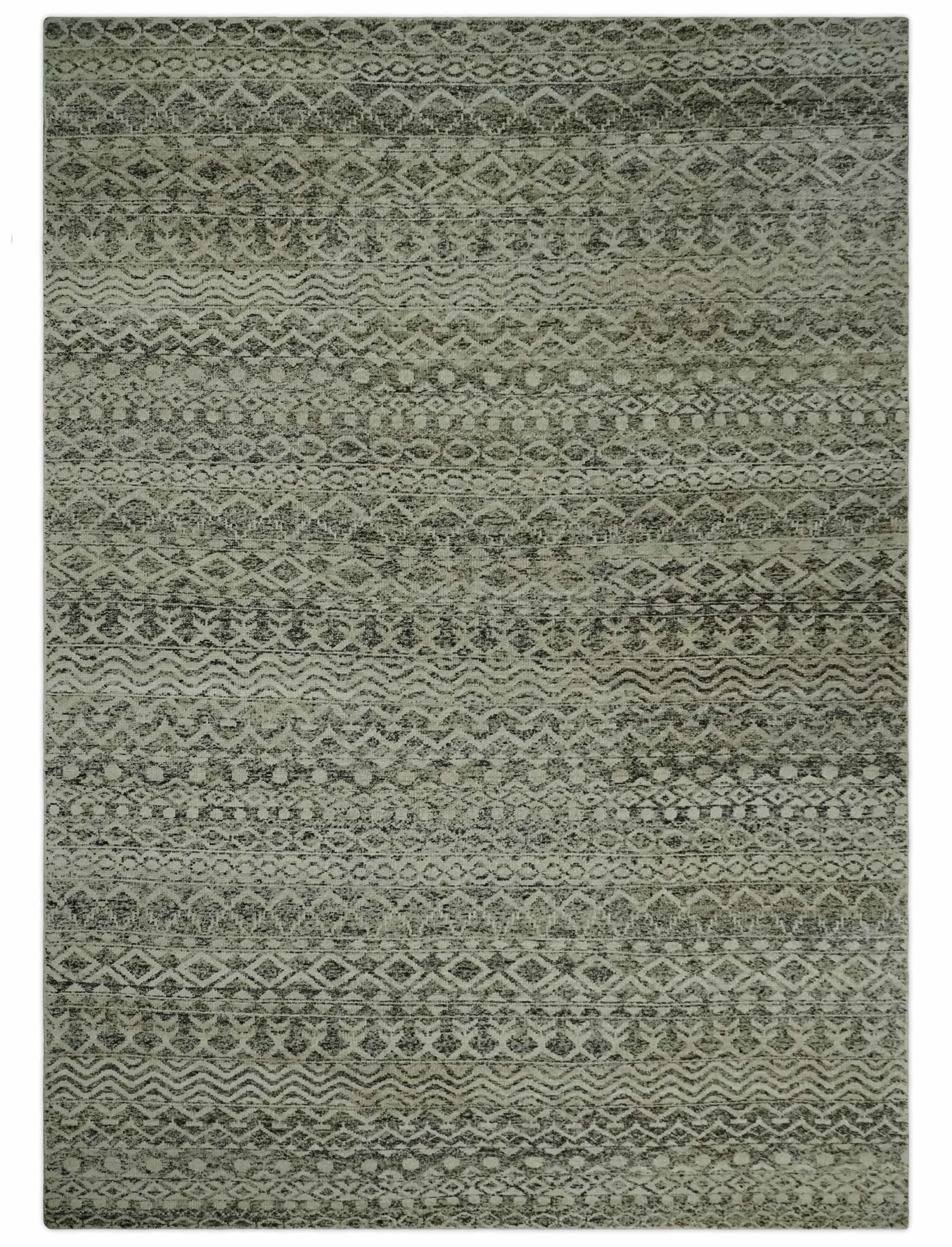 10×14 Hand Knotted Ivory, Black and Olive Modern Contemporary Southwestern Tribal Trellis Recycled Silk Area Rug | OP50