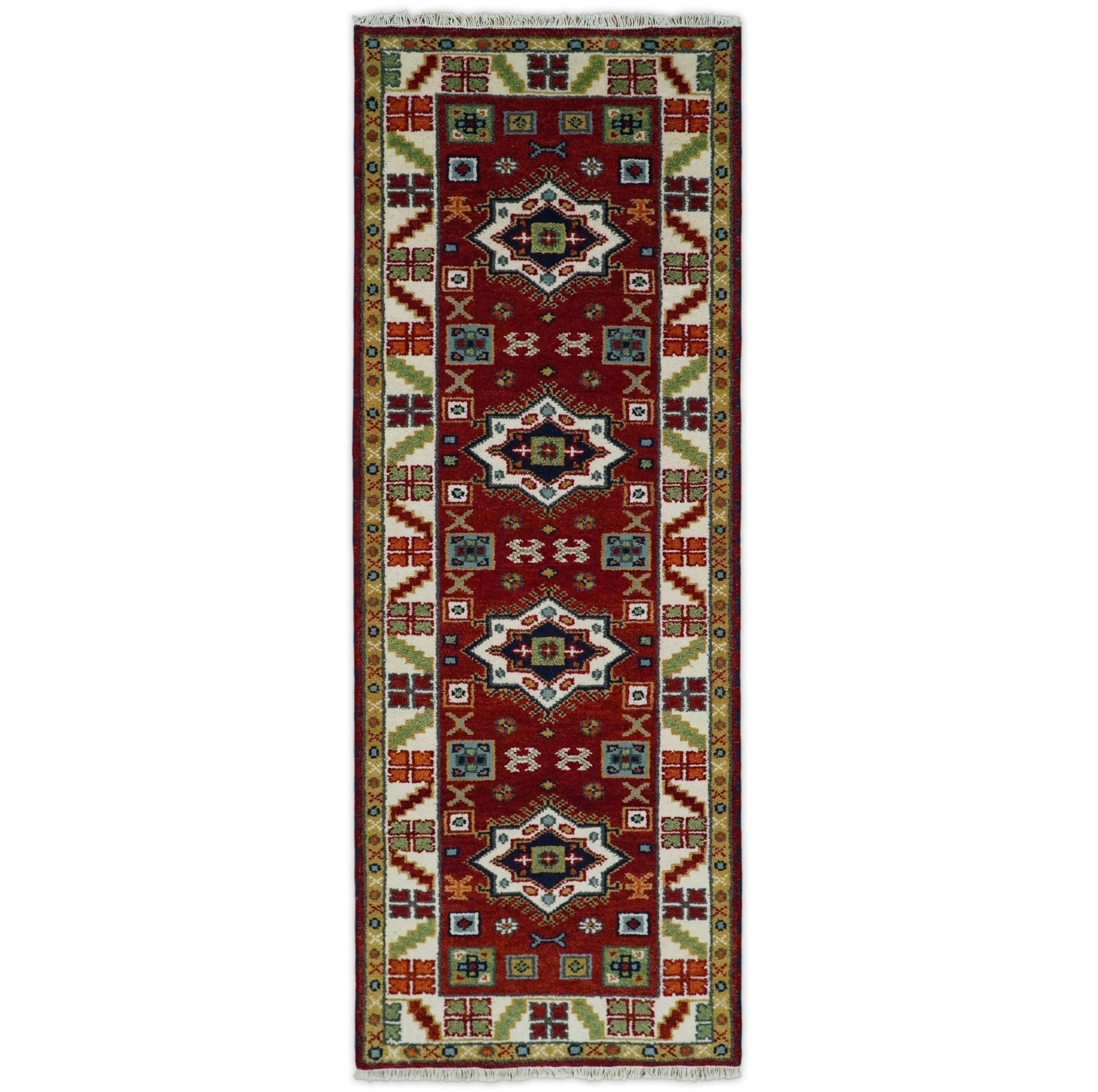 2.9×8 Hand Knotted Antique Kazak Runner Blue and Rust Traditional Tribal Armenian Rug | KZA6