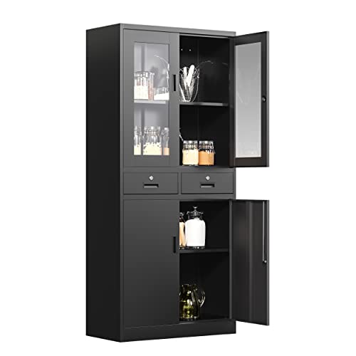 AFAIF Glass Display Cabinet with Drawers, Lockable Metal Storage Cabinets with 2 Adjustable Shelves, 71” Tall Locking Cabinets Modern Liquor Cabinet