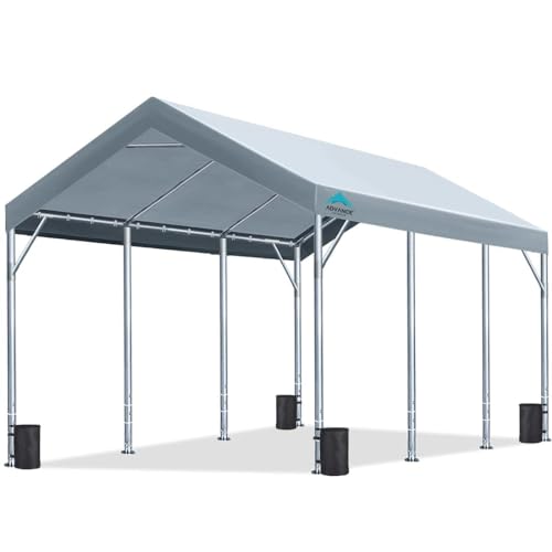 ADVANCE OUTDOOR 12×20 ft Heavy Duty Carport Car Canopy Garage Boat Shelter Party Tent, Adjustable Peak Height from 9.5ft to 11ft, Silver Gray