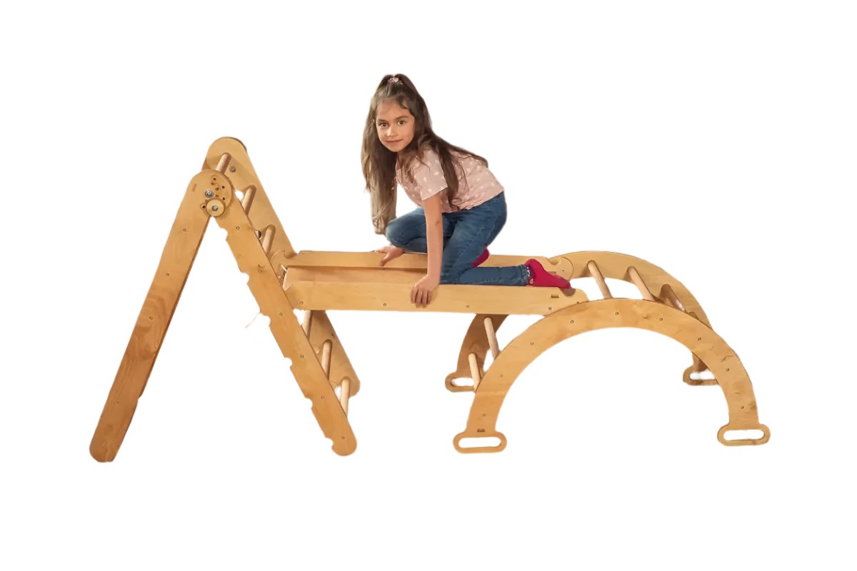 3in1 Montessori Climbing Set: Triangle Ladder + Wooden Arch + Slide Board – Beige