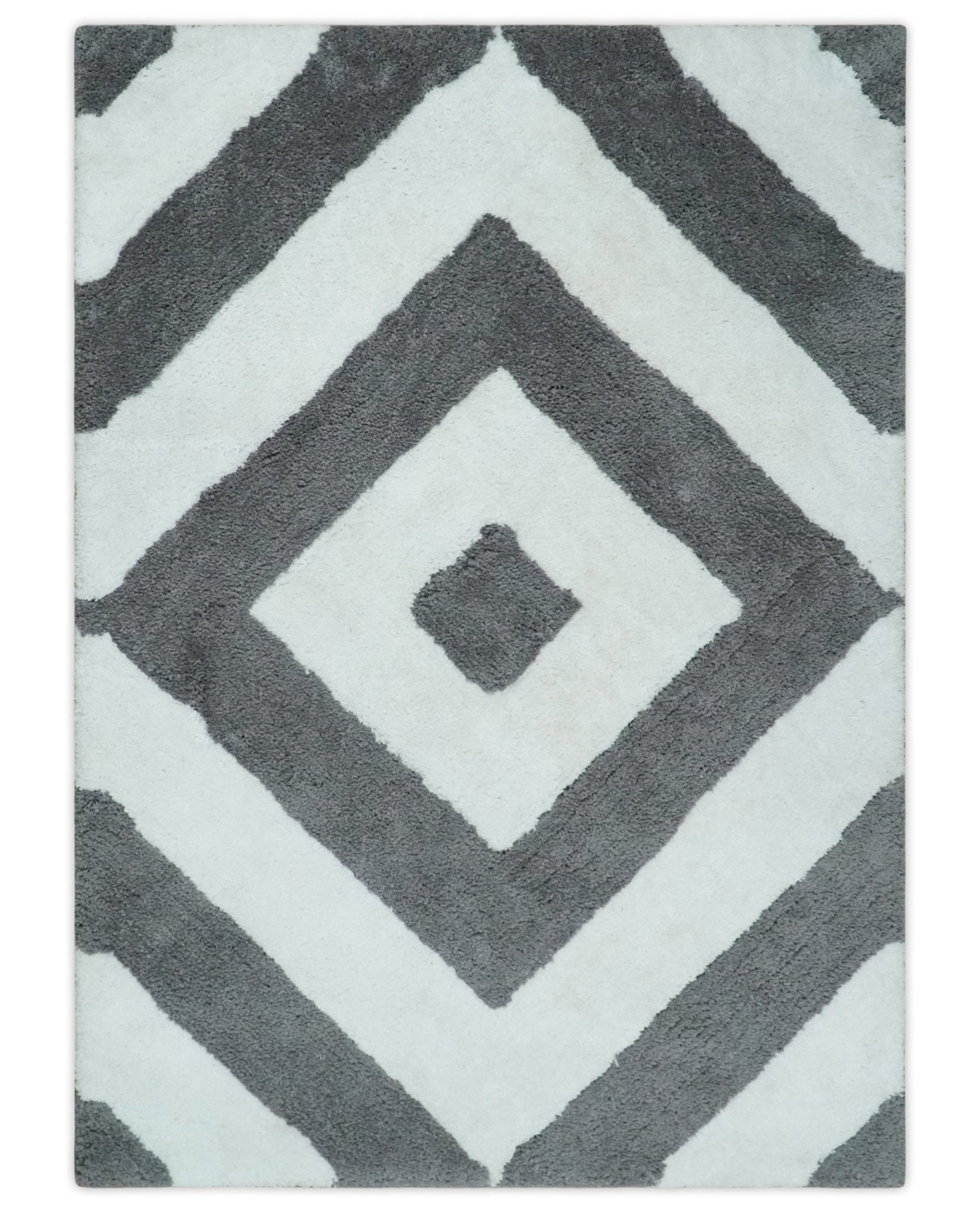 3×5, 4×6 and 5×7 Hand Woven Shag Ivory and Gray Geometrical Pattern Art Silk Soft Viscose Area Rug