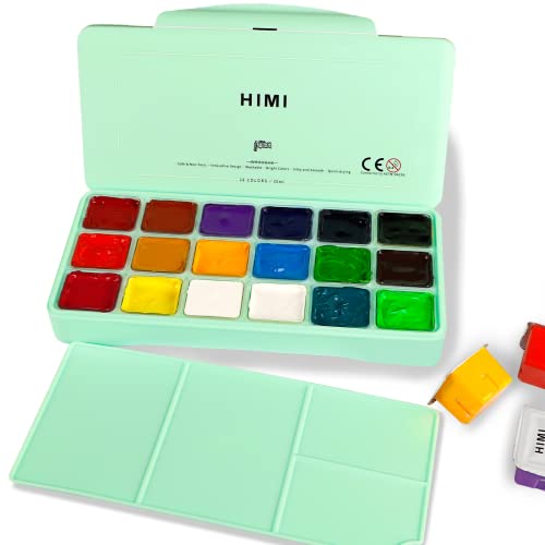 HIMI Gouache Paint Set, 18 Colors x 30ml with a Palette & a Carrying Case, Unique Jelly Cup Design, Miya Guache Paint on Canvas Watercolor Paper –