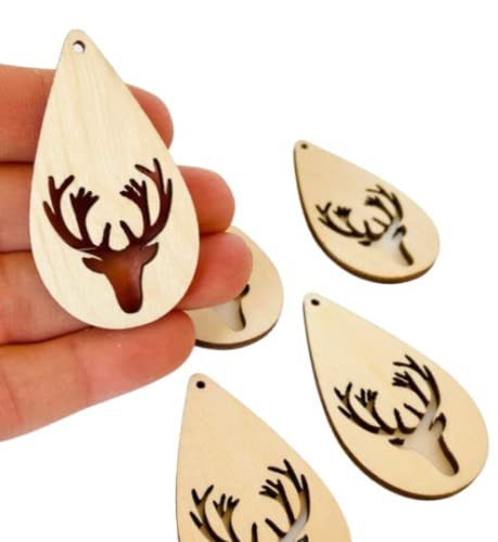 ALL SIZES BULK (12pc to 100pc) Unfinished Wood Laser Cutout Deer Buck Stag Head Dangle Earring Jewelry Blanks Shape Ornaments Crafts Made in Texas