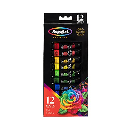 RoseArt Premium Paint Set – 12 Count Acrylic Paints for Canvas, Wood, Ceramic and Fabrics – Craft Painting Supplies for Casual to Professional