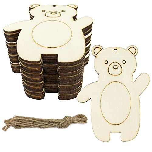 30pcs Bear Wood DIY Crafts Cutouts Blank Wooden Bear Shaped Hanging Ornaments with Hole Hemp Ropes Gift Tags for Kid’s DIY Projects Christmas Party