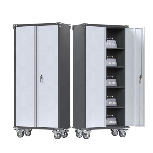 Waqiv 71″ Metal Storage Cabinet with Wheels,Garage Storage Cabinet with Locking Doors and 4 Shelves,Lockable Rolling Tool Cabinet for Home