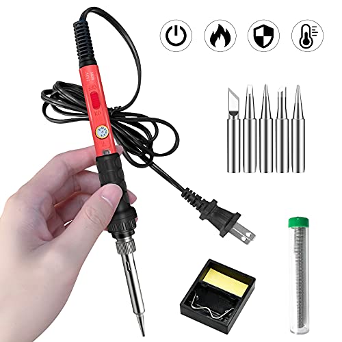 Soldering Kit, 60W Soldering Iron, 110V Welding Kit with Ceramic Heater, Portable Solder Iron Kit with 5pcs Soldering Tips, Stand, Solder Tube,