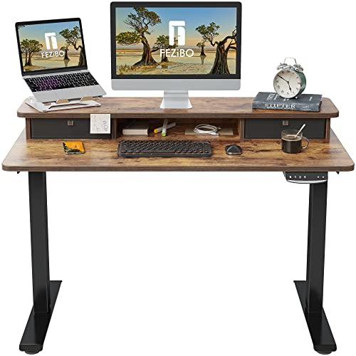 FEZIBO 48 x 24 Inch Height Adjustable Electric Standing Desk with Double Drawer, Stand Up Desk with Storage Shelf, Sit Stand Desk, Rustic Brown