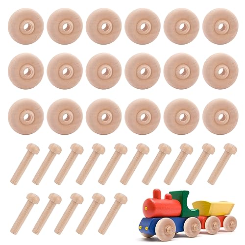 OLYCRAFT 50Pcs 1.2×0.5 Inch Wooden Craft Wheels with 50Pcs 1.2 Inch Wooden Sticks Unfinshed Wooden Wheel Small Wood Wheels Flat Wooden Craft Wheels