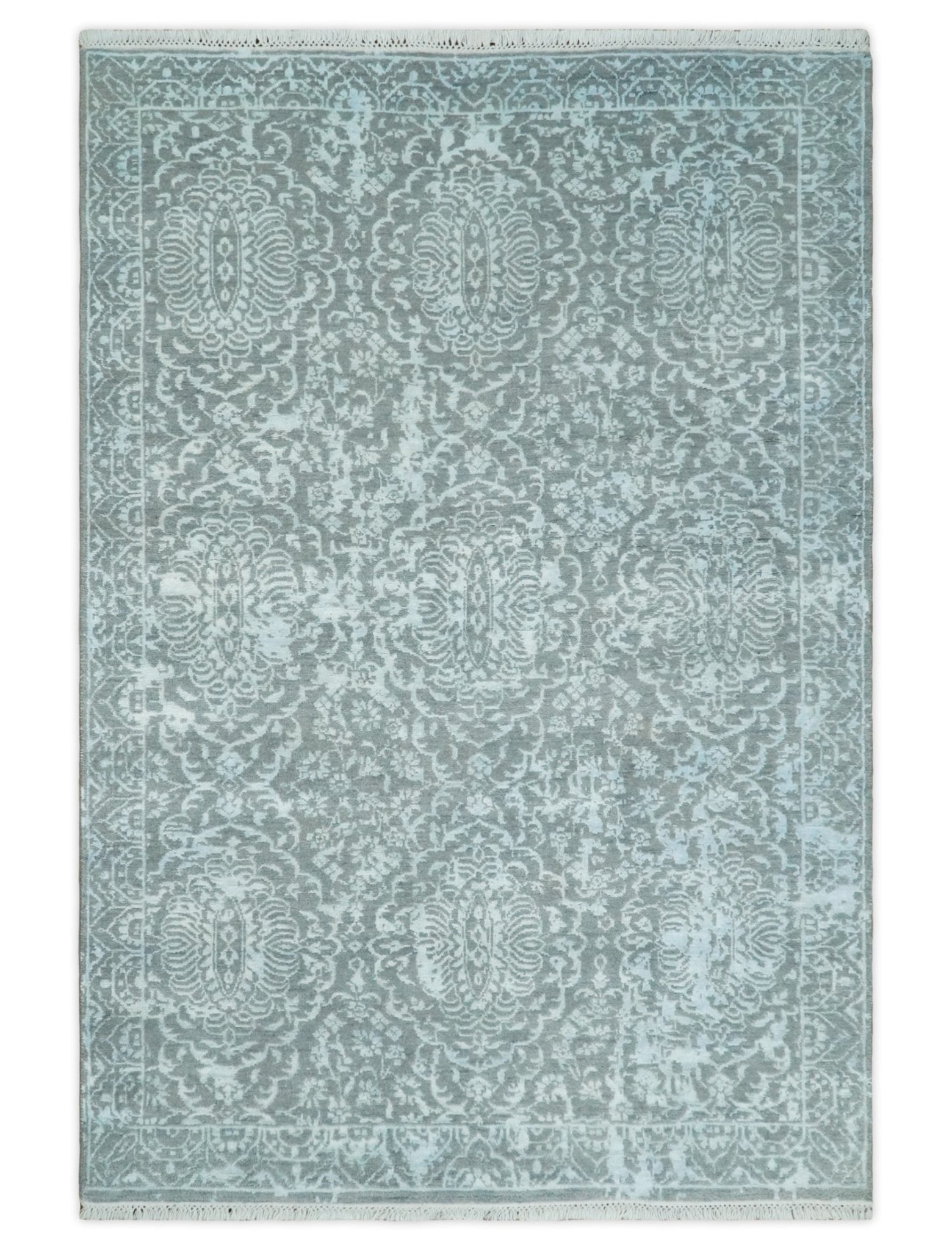 4×6 Fine Hand Knotted Silver and Blue Traditional Vintage Persian Style Antique Wool and Silk Rug | AGR18