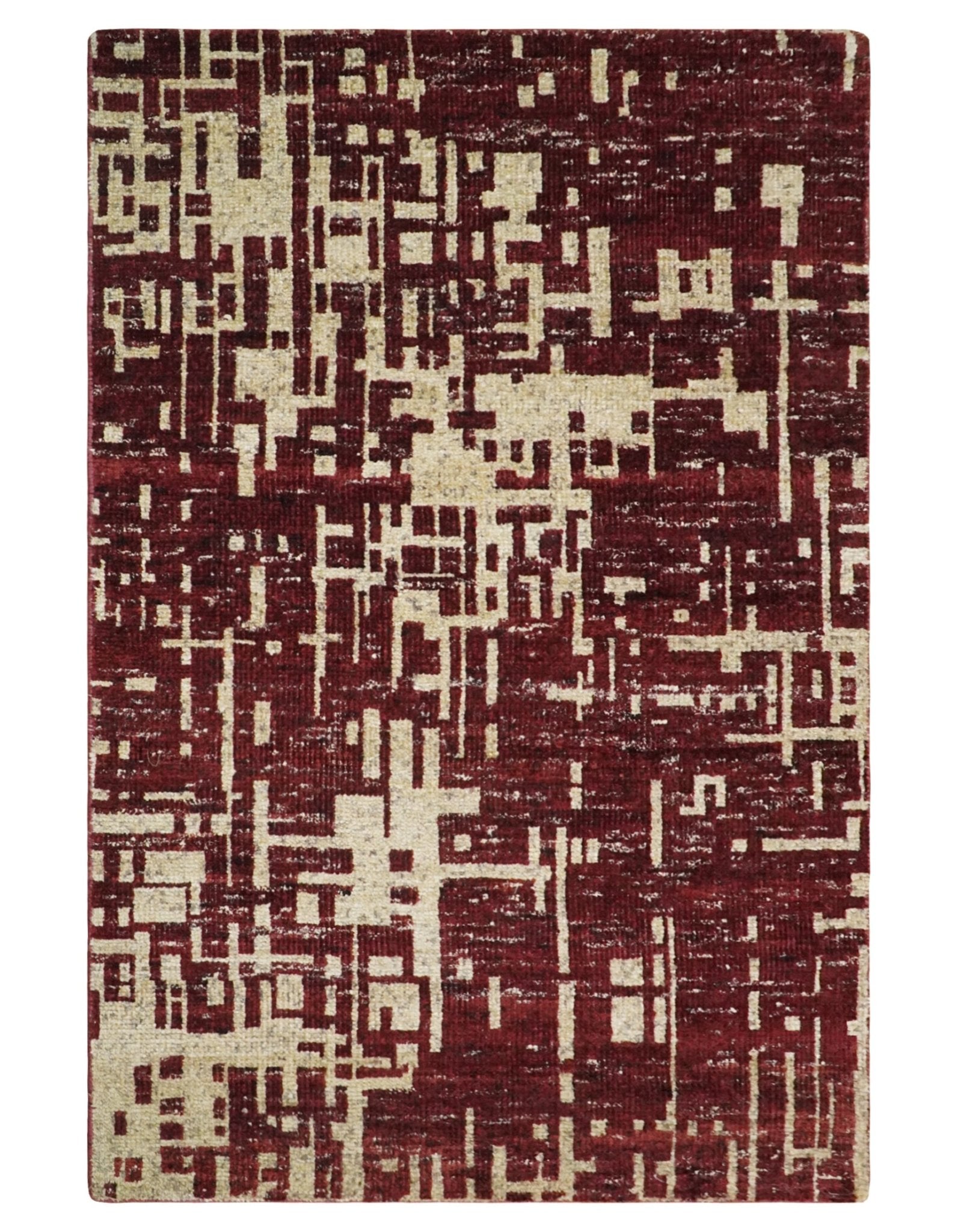 4×6 Hand Knotted Beige and Maroon Modern Abstract Contemporary Recycled Silk Area Rug | OP64