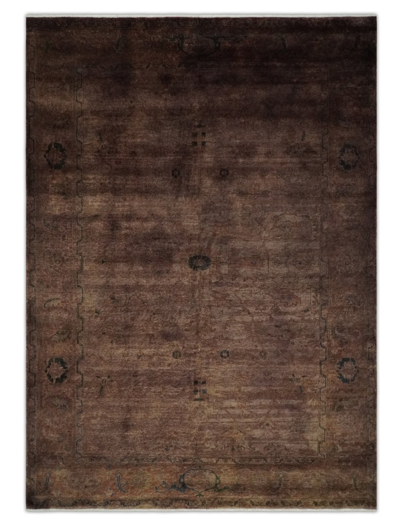 5.10×8.6 Hand Knotted Brown Overdyed Antique Finish Traditional Wool Rug | N34569