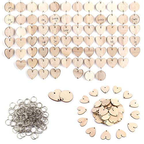 KOYILTD 200 Pieces in Total Wooden Circles Wooden Heart Tags with Holes,Wood Craft Set with Holes and Ring Clips for Birthday Board, Valentine, Chore