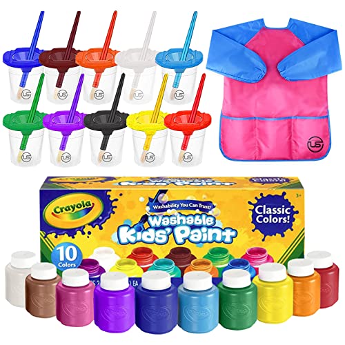 Washable Kids Paint 10 Colors, 10 No Spill Paint Cups For Kids With Lids, 10 Paint Brush Set, Waterproof Kids Smock – Christmas Gifts for Kids,