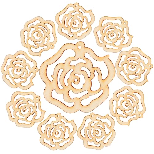 LUOEM 10pcs Hollow Rose Flower Wooden Cutouts Mini Wooden Slices for Patchwork DIY Handmade Crafting Valentine’s Day Wedding Party Aniversary Hanging