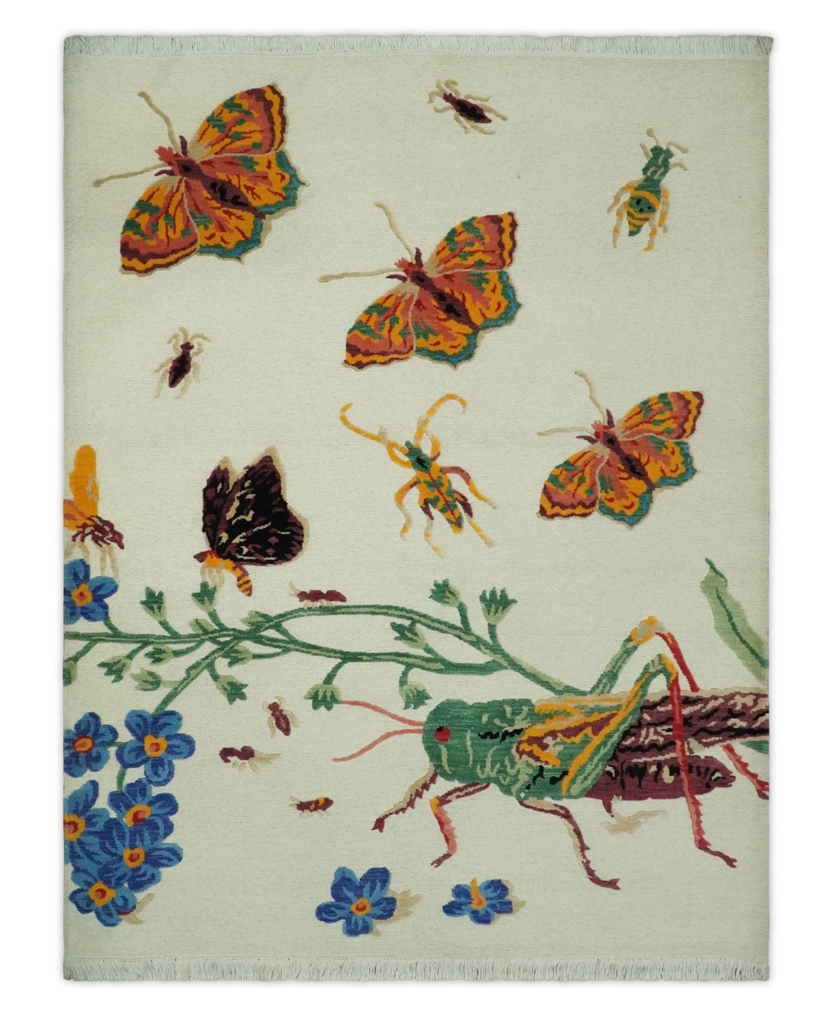 5×7 Ivory Butterfly , Insects and Flower Flatwoven Soumak Wool Hand Made Rug | KNT48