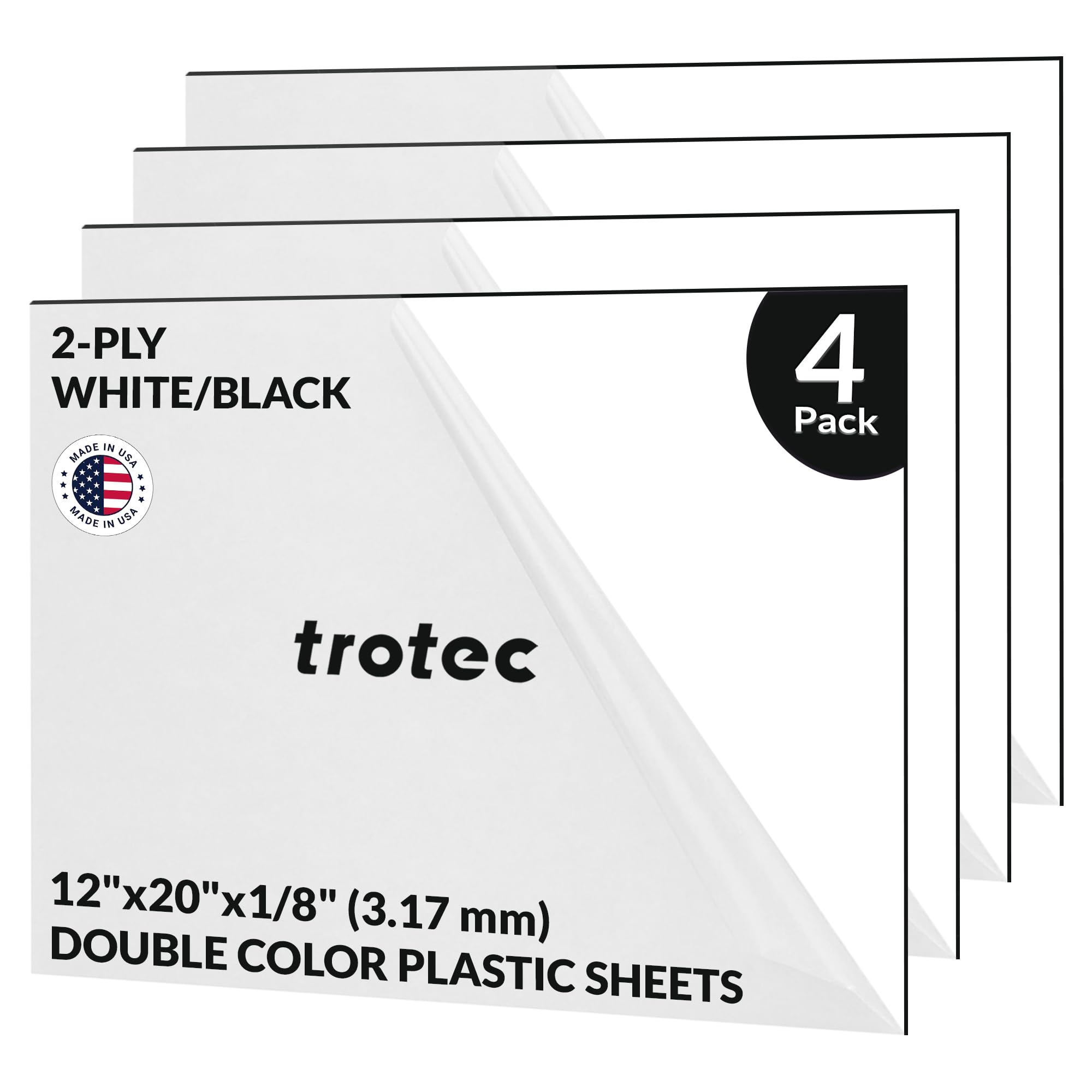 Trotec TroLase | 12″x20″x1/8″, 4 Pcs | White/Black | 2 Ply | Modified Acrylic | Laser Engraving Double Color Plastic Sheet | Engraving Blanks for