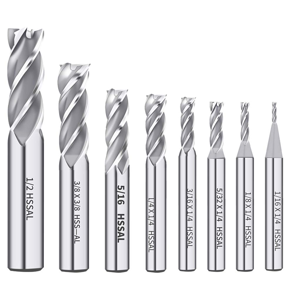 AUTOTOOLHOME 1/8″ 3/16″ 1/4″ 5/16″ 3/8″ 1/2″ high Speed Steel HSS 4 Flute Straight End Mill Cutter 5/32″ 1/16″ Set of 8