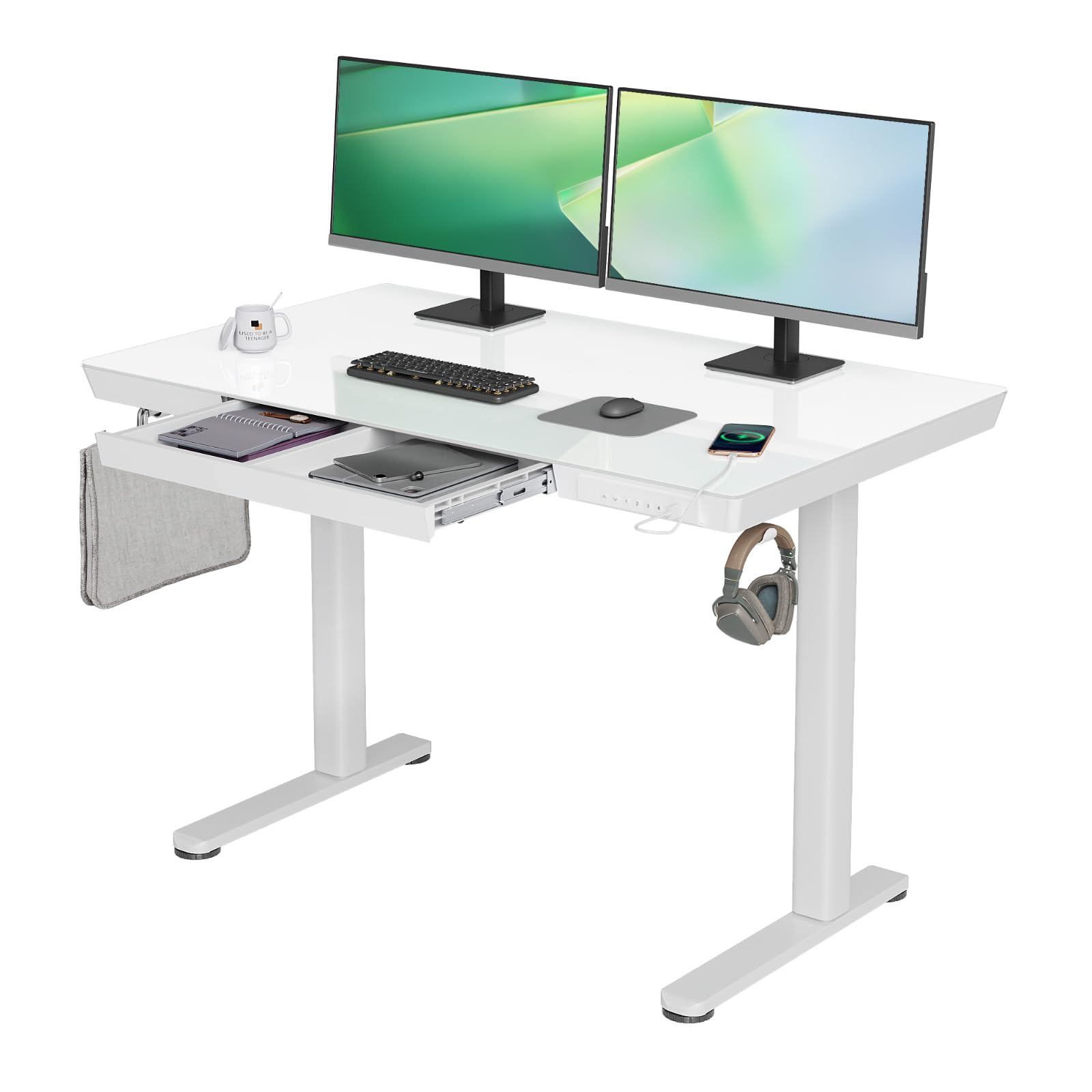 YDN Glass Standing Desk with Drawers, 48 x 24 Inch Electric Stand Up Desk with USB Ports, Adjustable Height Desk for Home Office, White