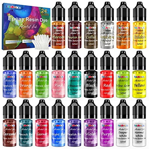 Alcohol Ink Set – 24 Vivid Colors, Concentrated Alcohol-Based Ink, Epoxy Resin Paint with Metallic Color Dye for Resin Coasters, Acrylic Painting,