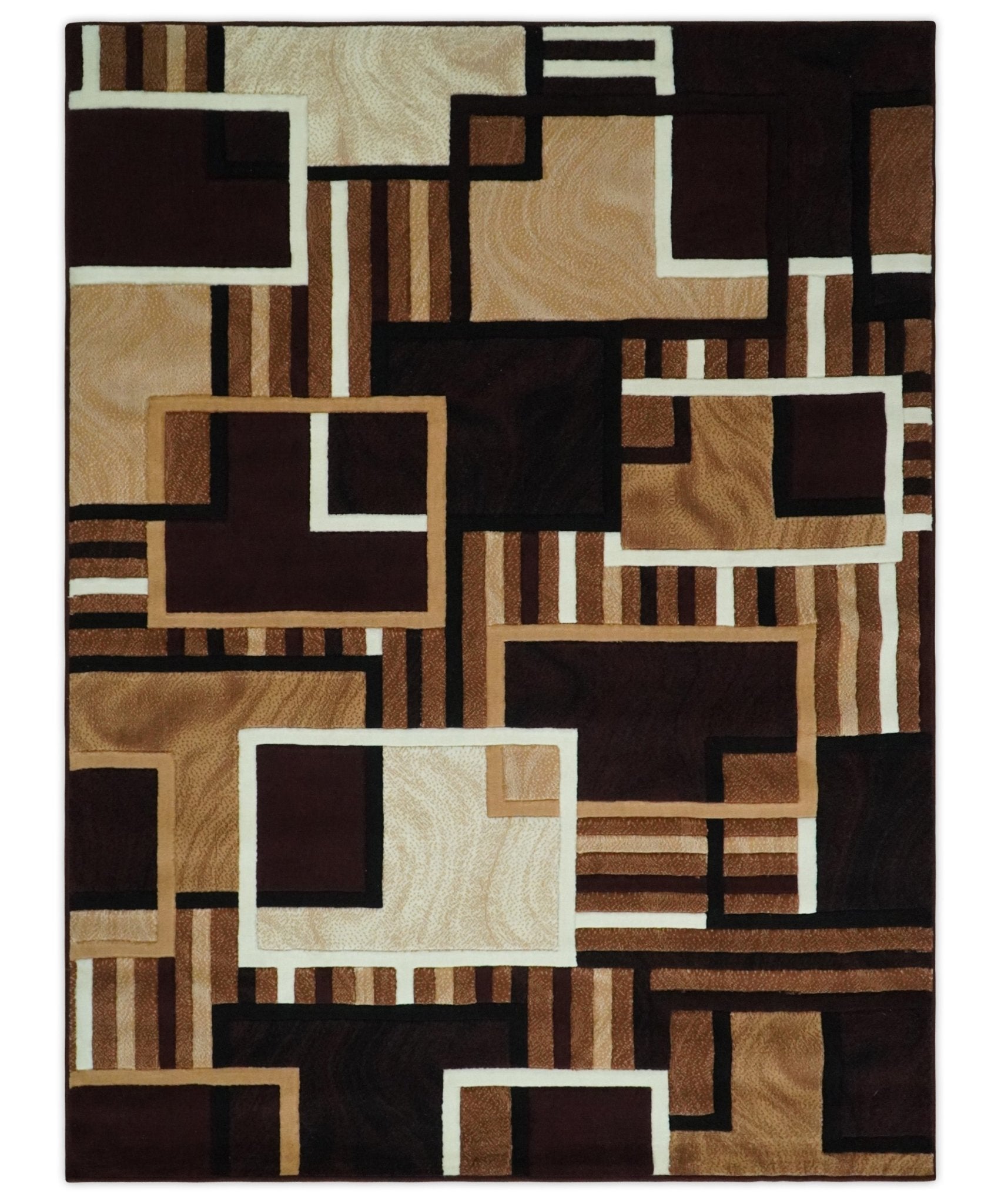 6×8 Power Loomed Brown, Gold, Ivory and Black Geometrical Shapes Frames Area Rug | NMM2