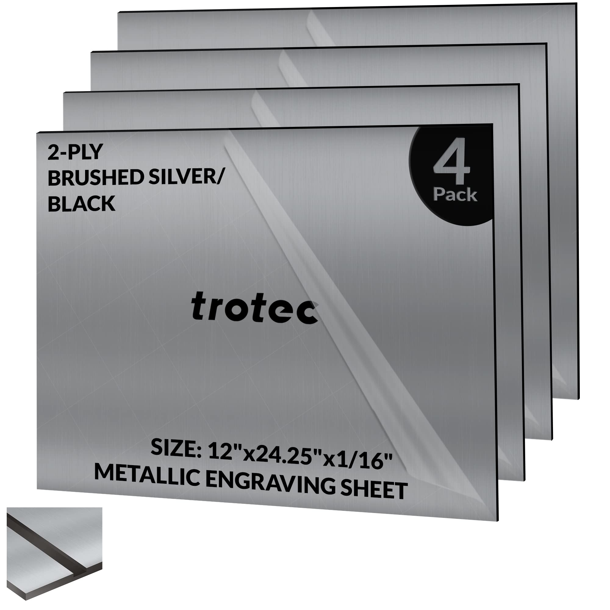 Trotec | Metallic Looking Acrylic Sheet | 4 Pcs | Brushed Silver/Black | 12″x24.25″x1/16″ | Metallic Finish – Scratch Resistant for Laser Engraving &