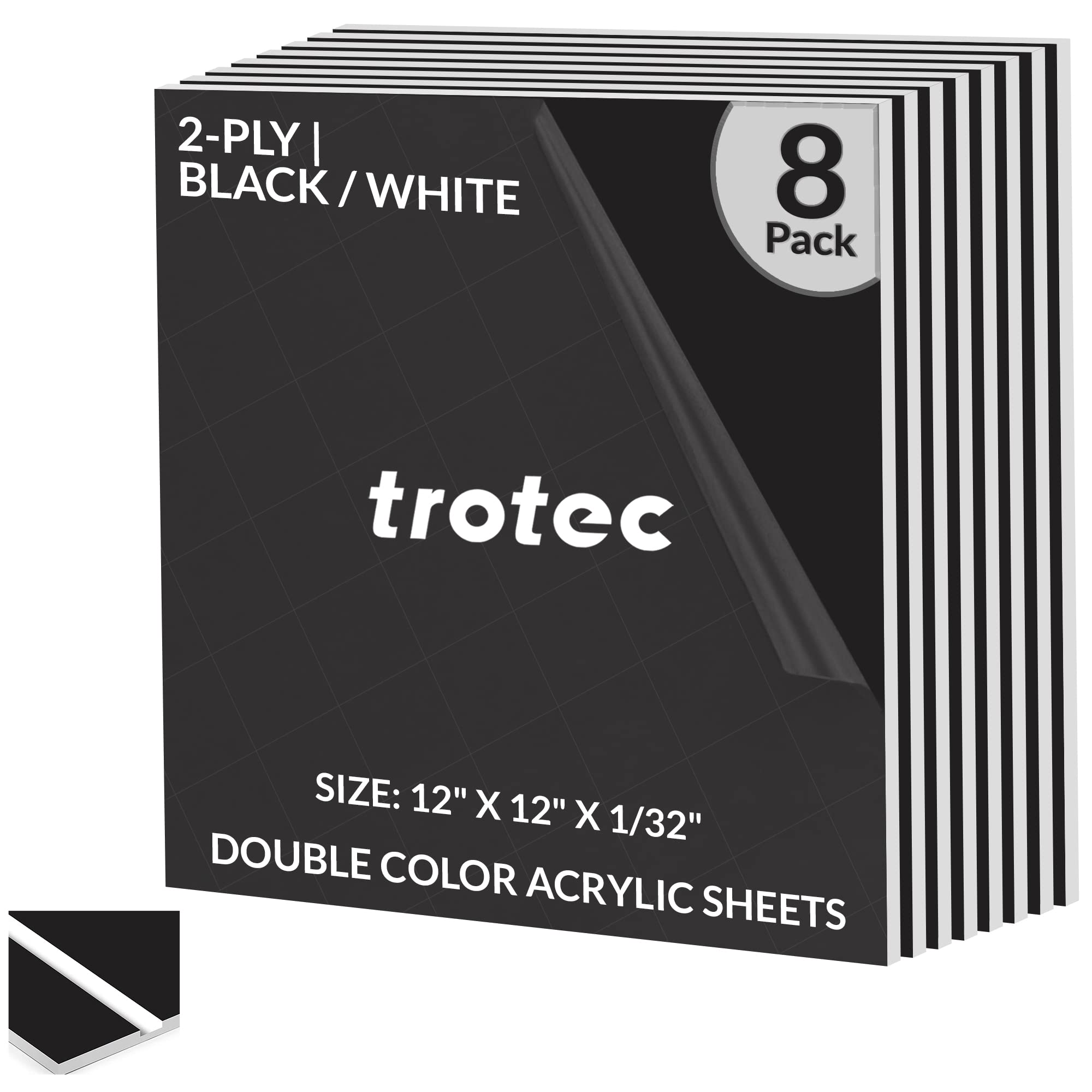 Trotec TroLase | 12″x12″x1/32″, 8 Pcs | Black/White | 2 Ply | Modified Acrylic | Laser Engraving Double Color Plastic Sheet | Engraving Blanks for