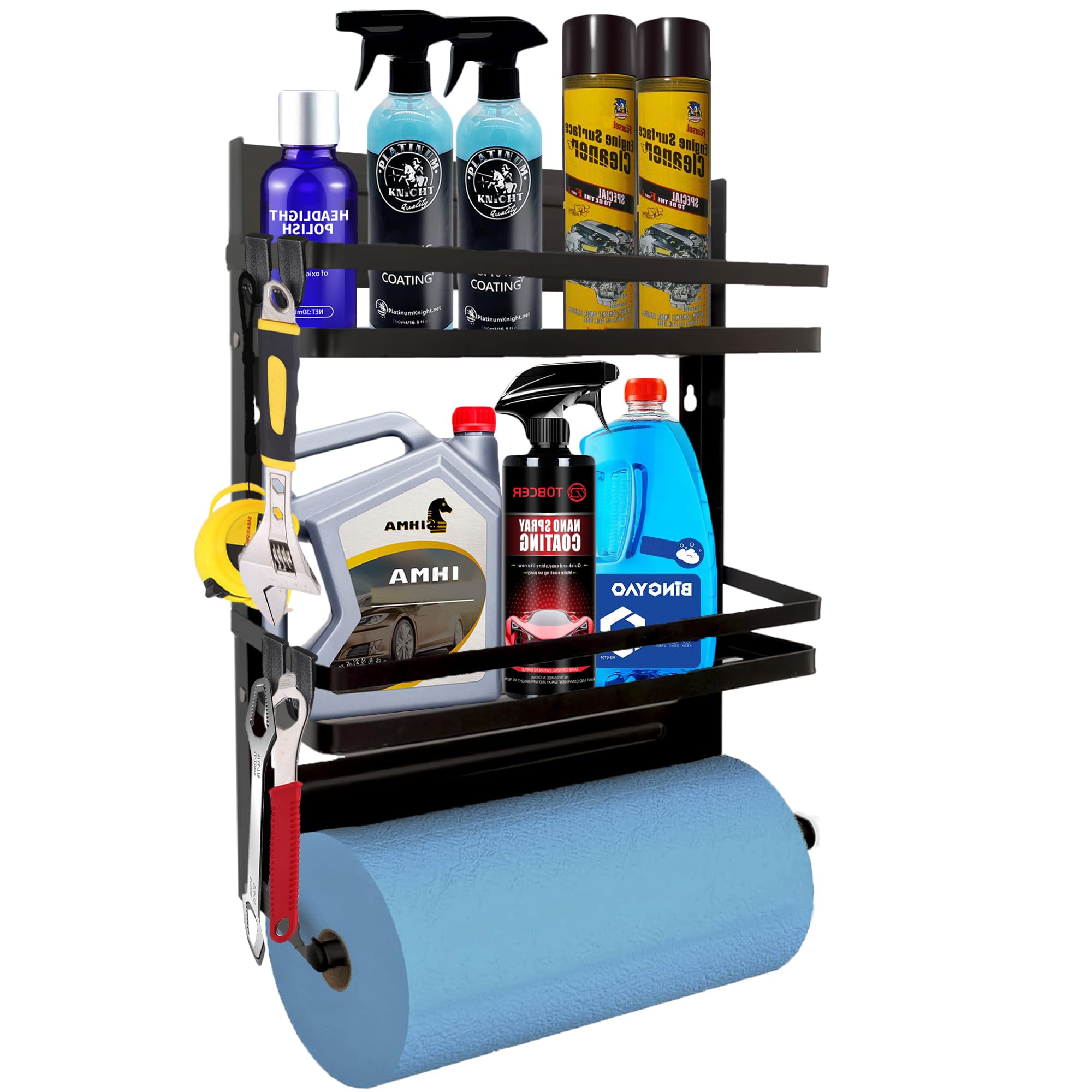 Vellsenne Paper Towel Holder with Shelf Heavy Duty – Garage 2-in-1 Spray Can Organizer – Shop Towel Holder with 4 Removable Hooks for Kitchen Laundry