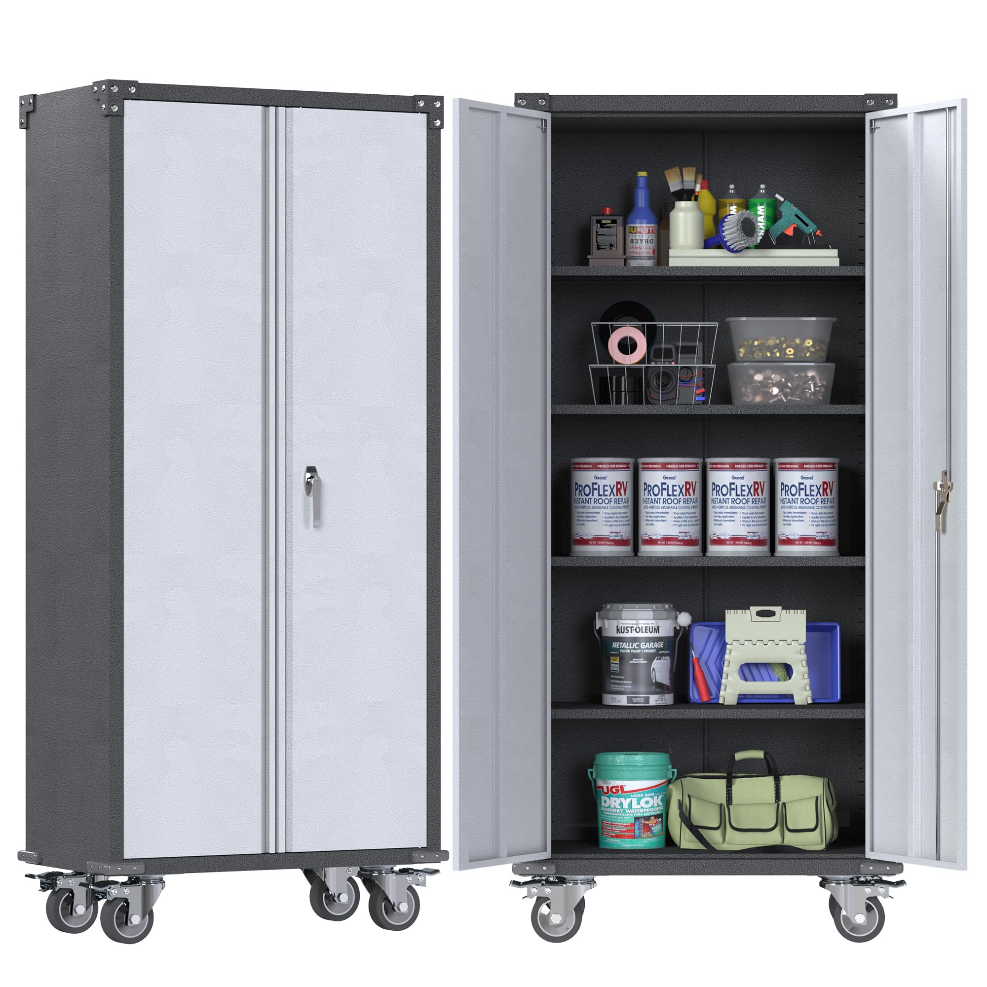 SUXXAN 71″ Tall Metal Storage Cabinets with Doors and 4 Adjustable Shelves, Lockable Rolling Cabinet Silver&Black，Home Office Metal Utility Cabinet