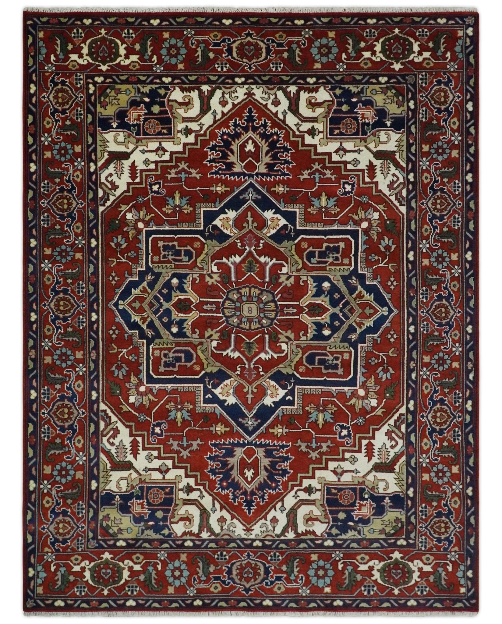 8×10 and 9×12 Traditional Rust, Ivory and Blue Hand knotted wool Area Rug