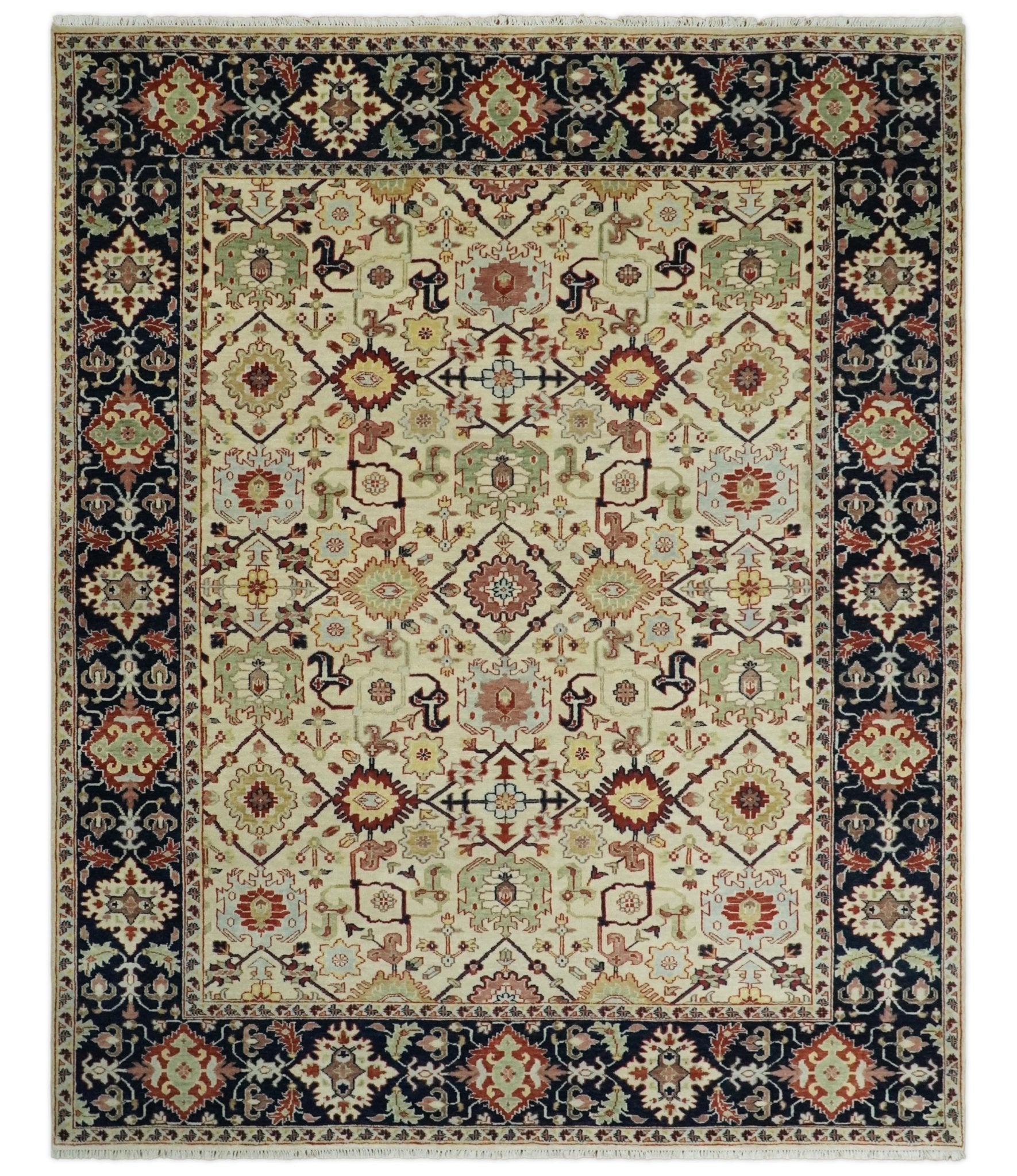 8×10 Fine Hand Knotted Beige and Blue Traditional Oriental Oushak Antique Wool Rug | TRDCP525810