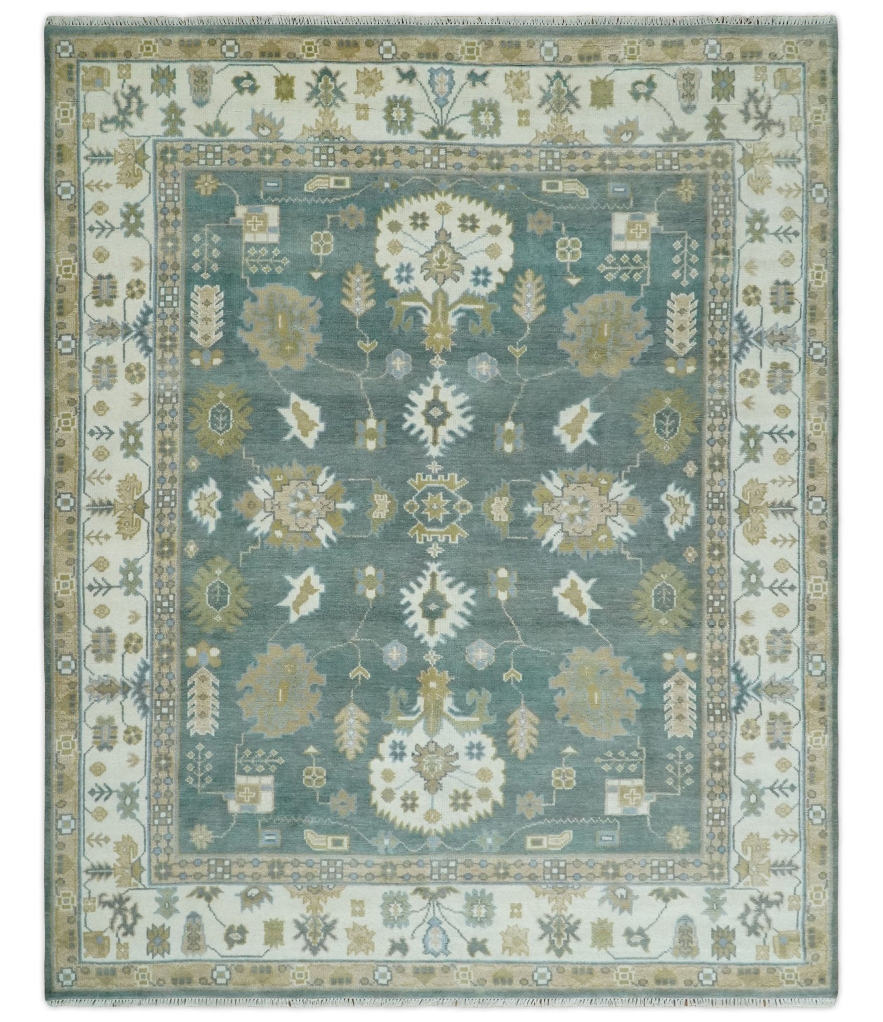 8×10 Hand Knotted Gray, Ivory and Olive Traditional Persian Oushak Wool Rug | TRDCP1107810