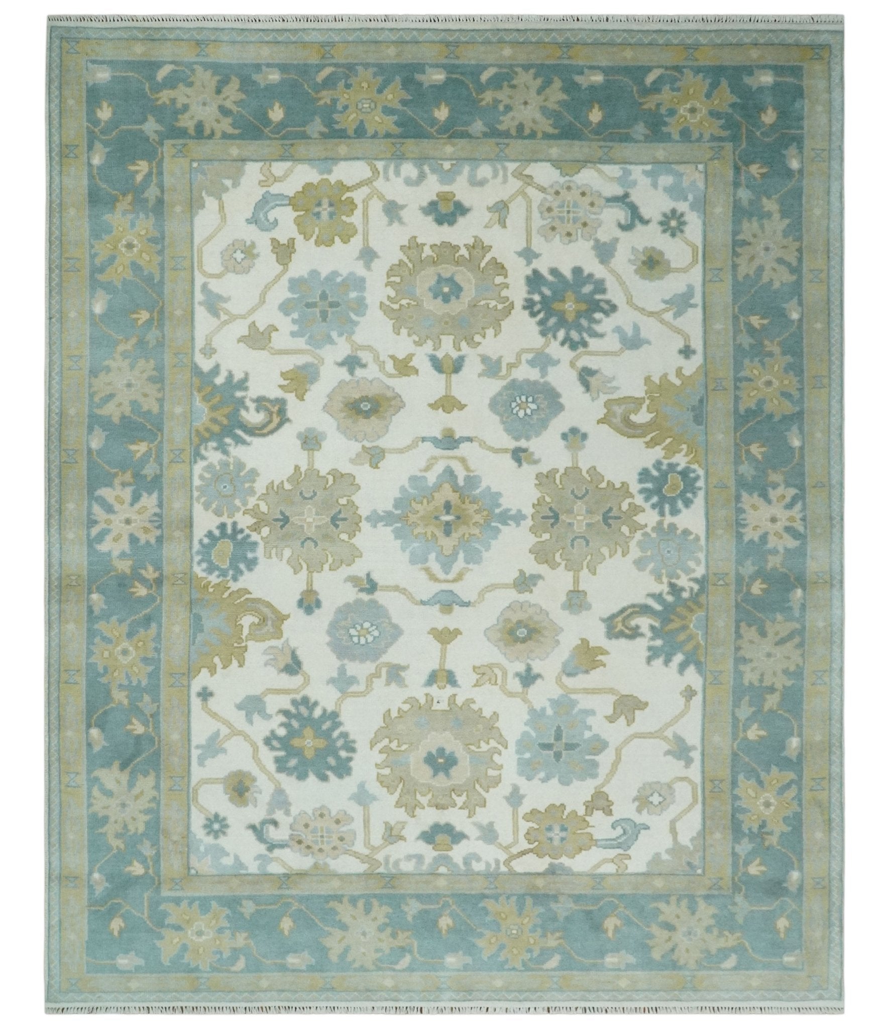 8×10 Ivory, Blue and Beige Floral Oushak Hand Knotted Wool Area Rug | TRDCP1538810S