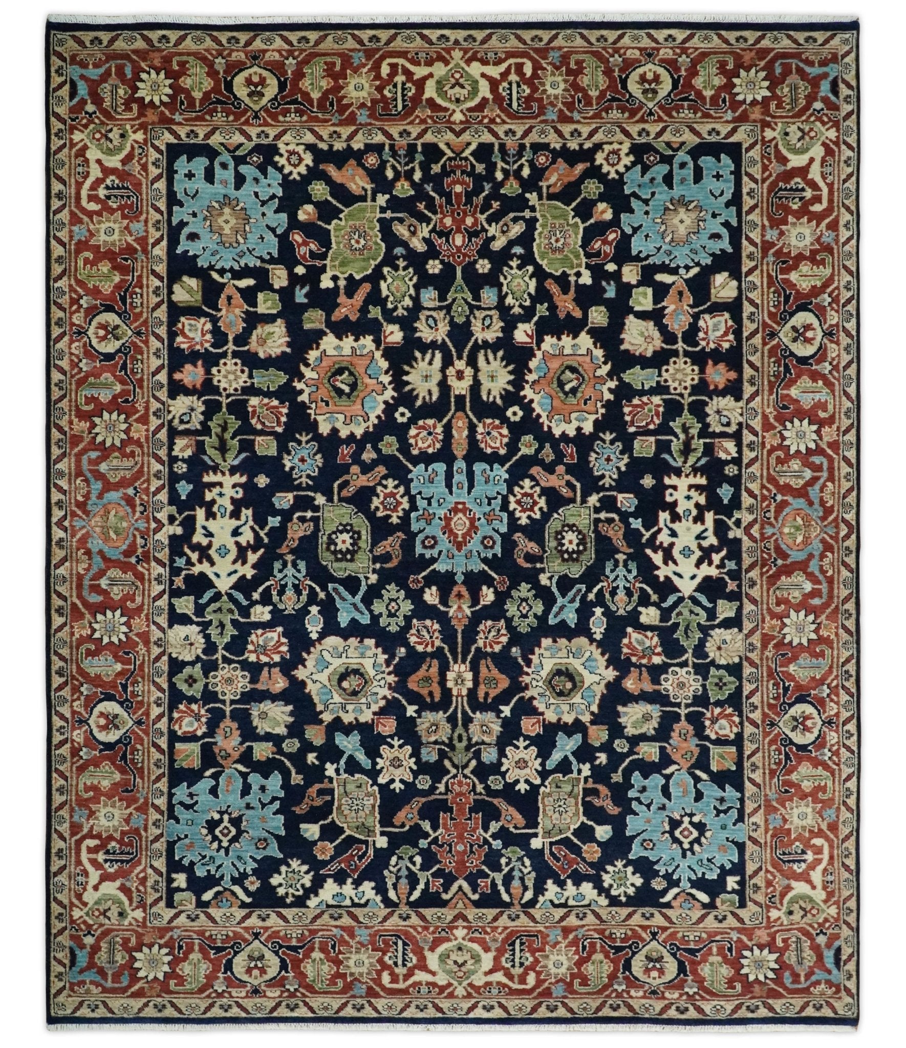 8×10 Rust and Blue Hand Knotted Traditional Antique Turkish Vintage Wool Rug | TRDCP540810