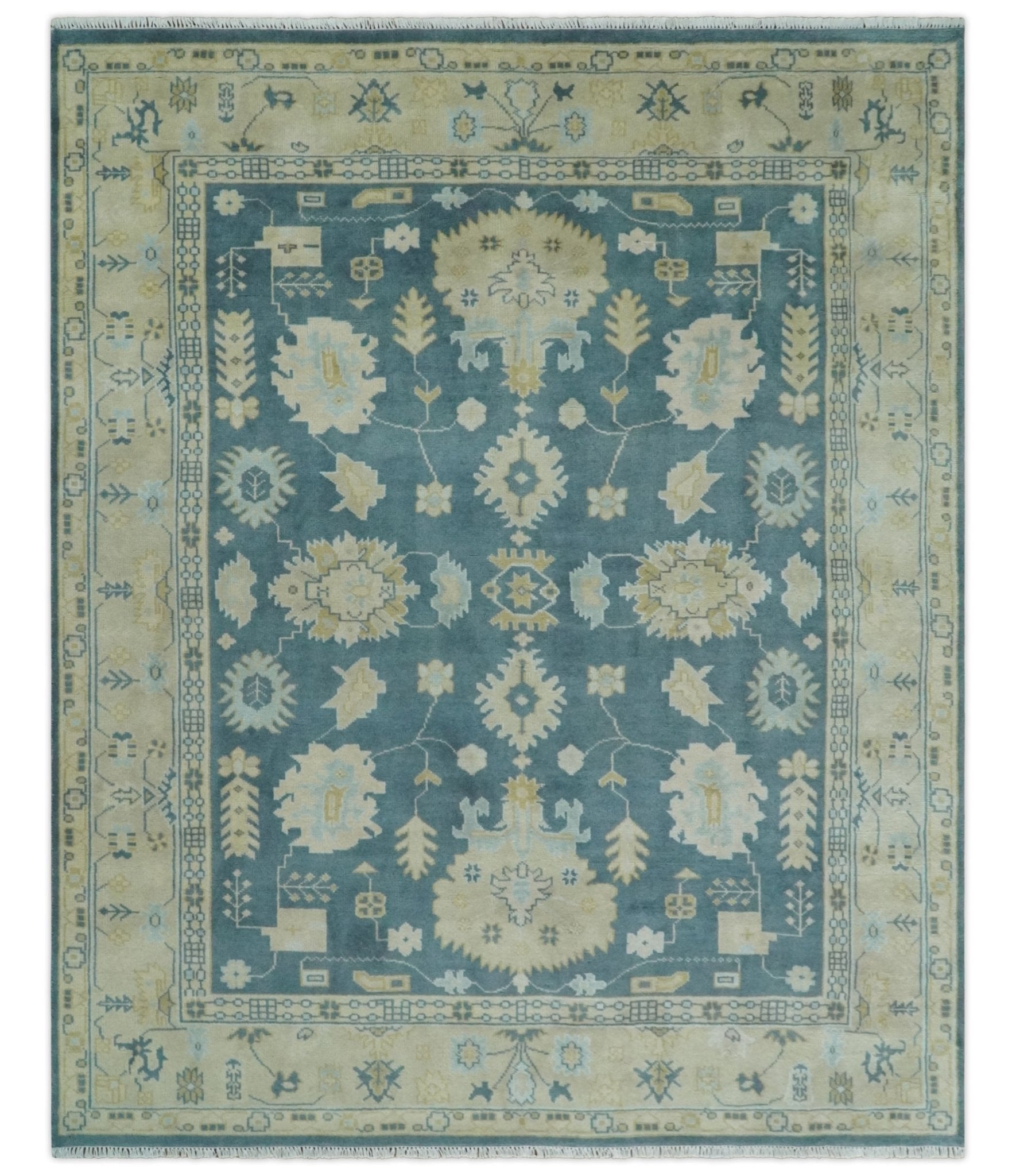 8×10 Teal and Beige Hand Knotted Heriz Serapi Floral Area Rug | TRDCP1185810