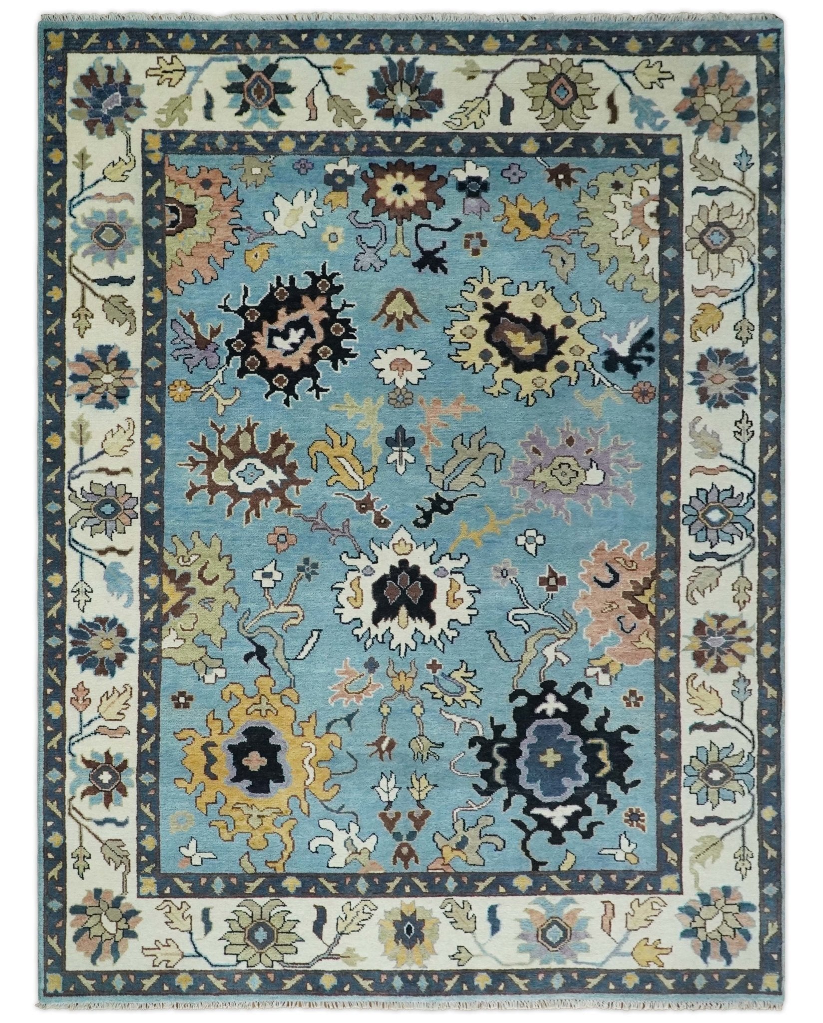 9×12 Antique Hand Knotted Blue and Ivory Traditional Vintage Persian Oushak Wool Rug | TRDCP954912