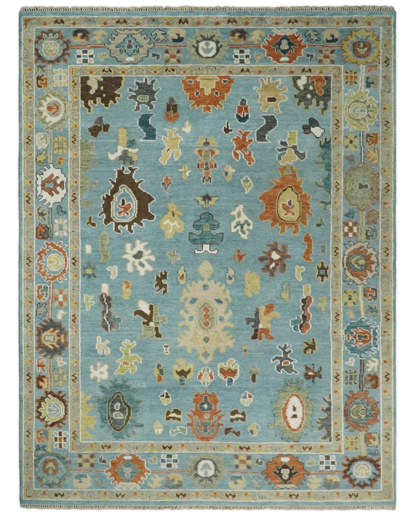 9×12 Hand Knotted Blue and Beige Traditional Vintage Persian Oushak Antique Wool Rug | TRDCP607912