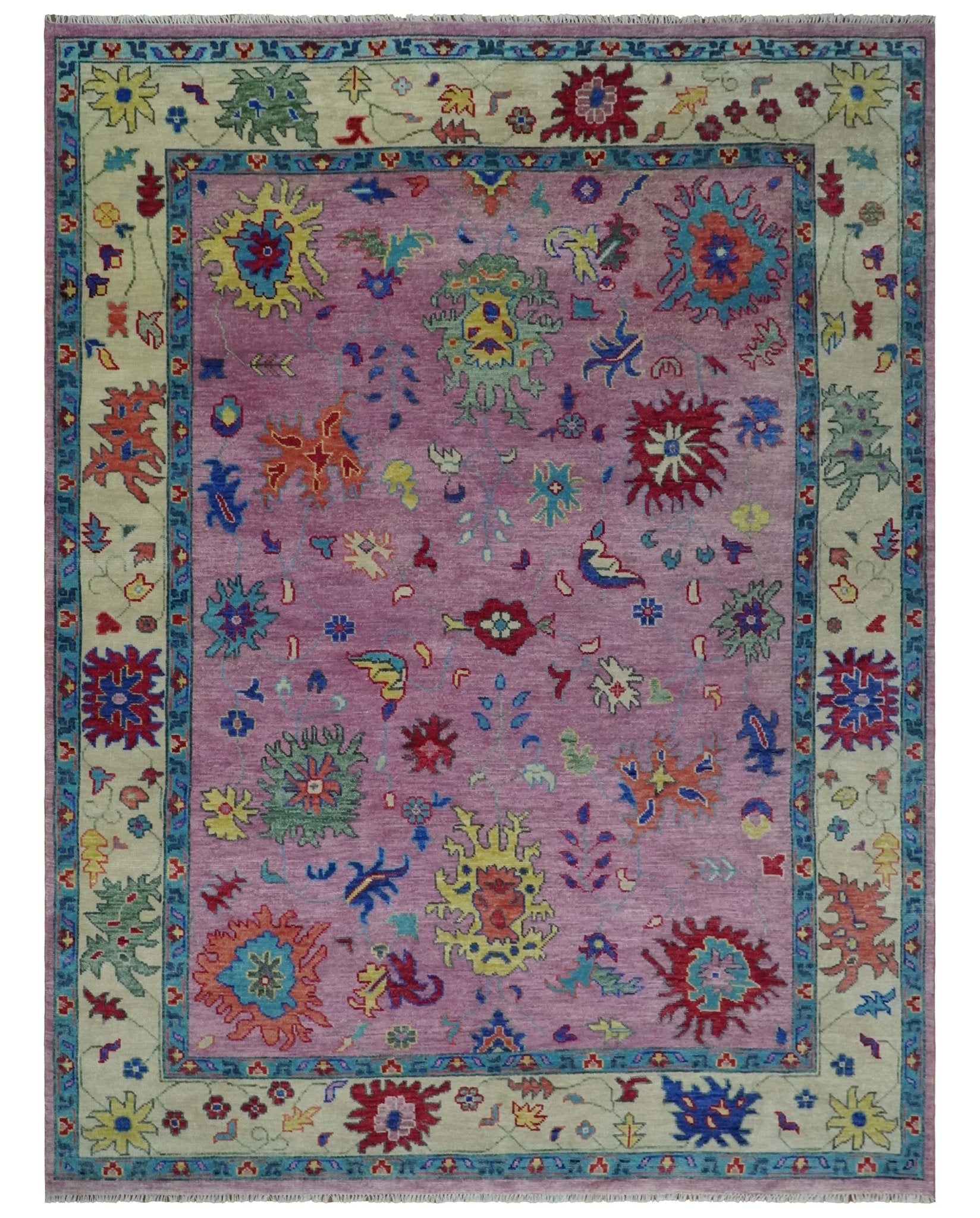 8×10 and 9×12 Wool Traditional Pink, Beige and Blue Vibrant Colorful Hand knotted Oushak Area Rug