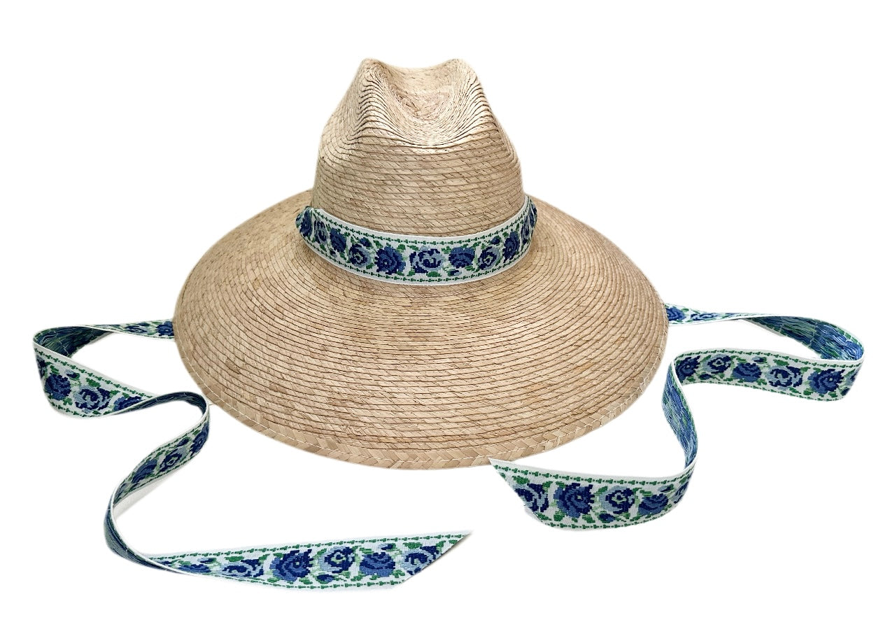 Hollyhock Sun Hat –  Vintage Azure Garden Rose Ribbon