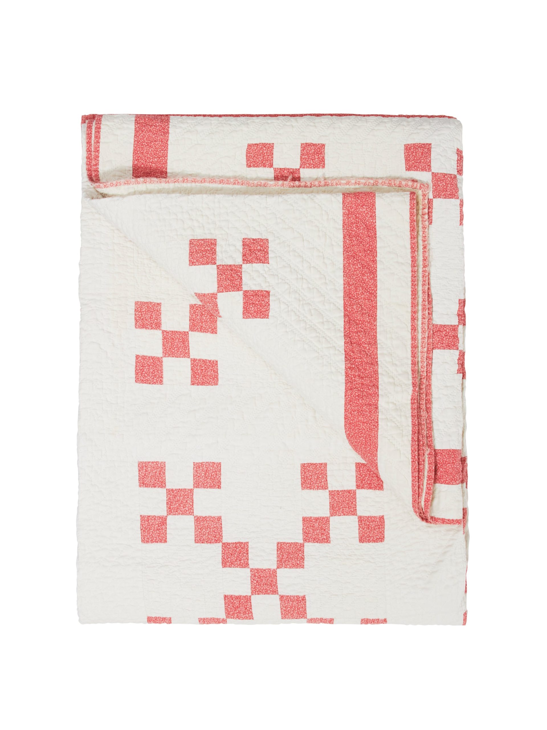 Vintage 1910 Coral and White Double Nine Patch Quilt