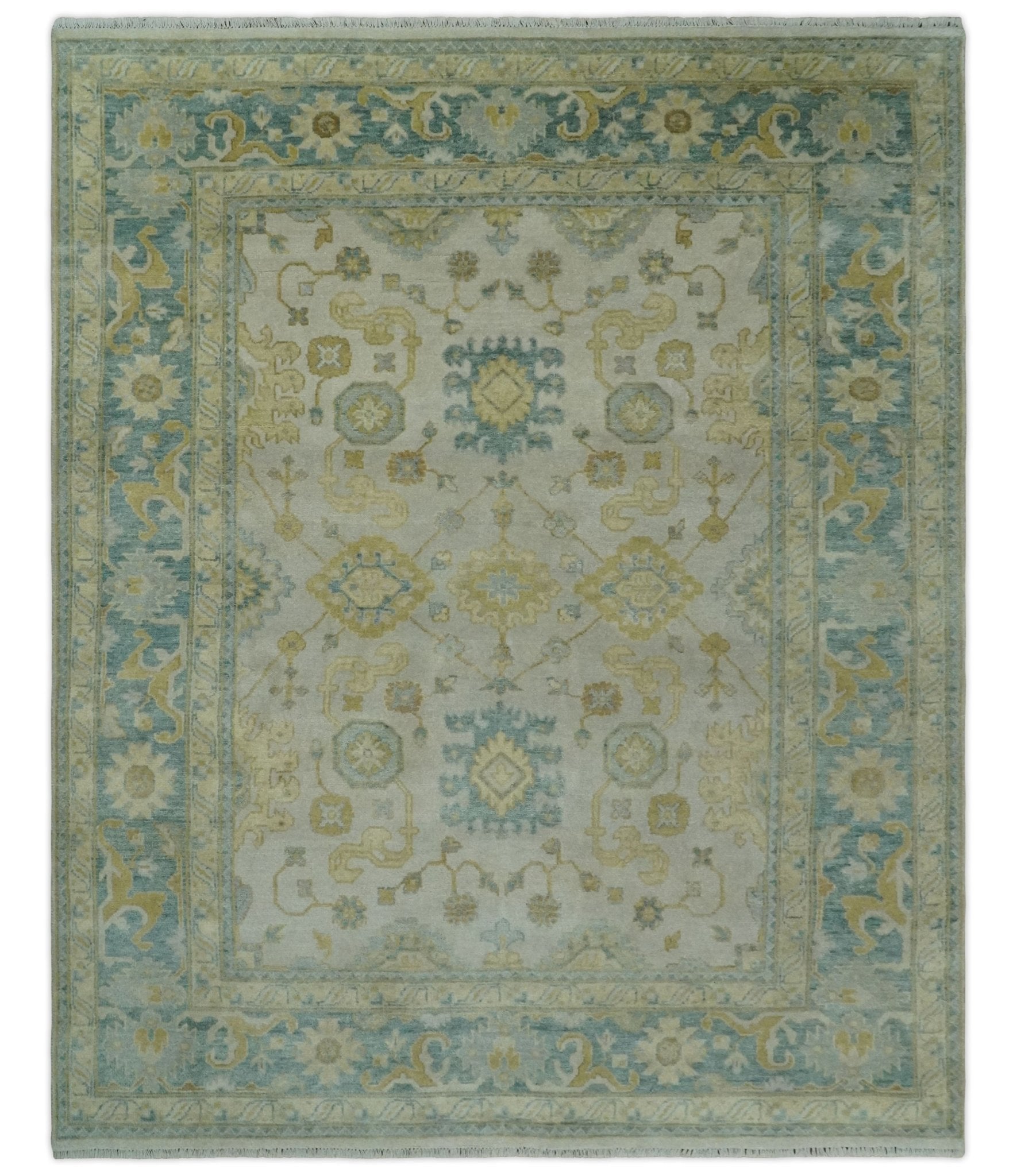 Antique look 8×10 Ivory, Emerald Green and Beige Hand Knotted Oushak Area Rug | TRDCP1196810