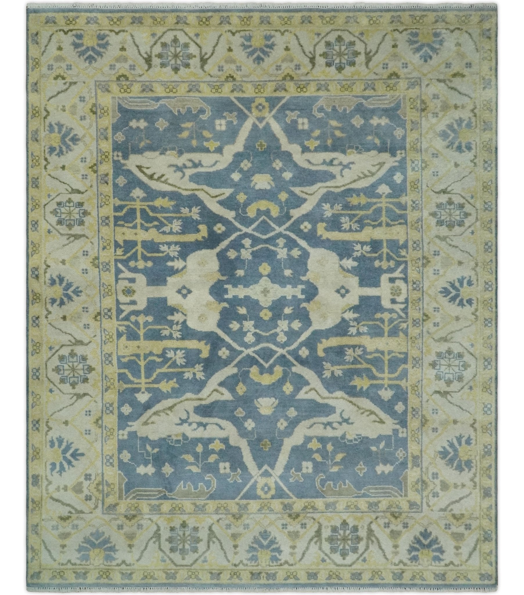 Blue, Ivory and Beige Hand Knotted 8×10 Oriental Oushak  Wool Area Rug | TRDCP1176810