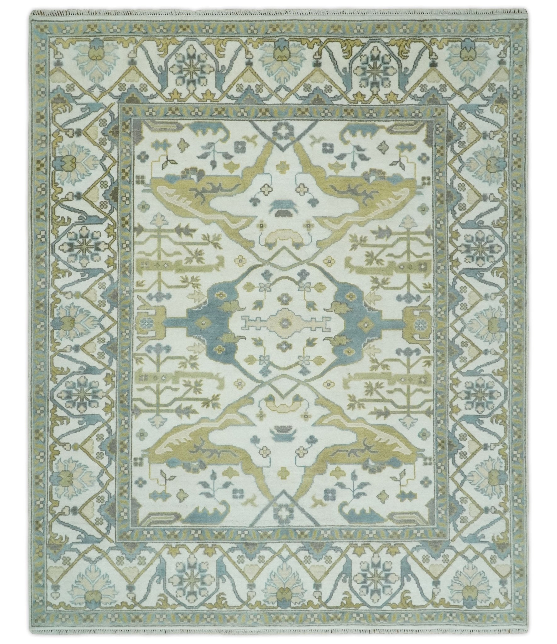 Classic Hand Knotted 8×10 Oriental Oushak Ivory and Beige Wool Area Rug | TRDCP1105810