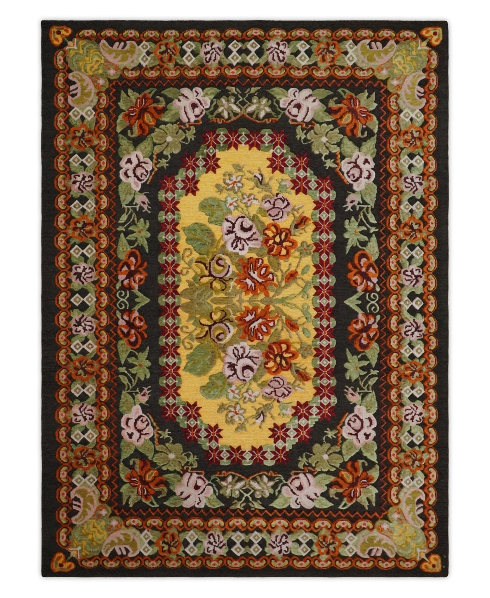 5×7 Flatwoven Soumak Black, Yellow, Green and Gold Flower Wool Hand Woven Antique Design Rug | KNT39