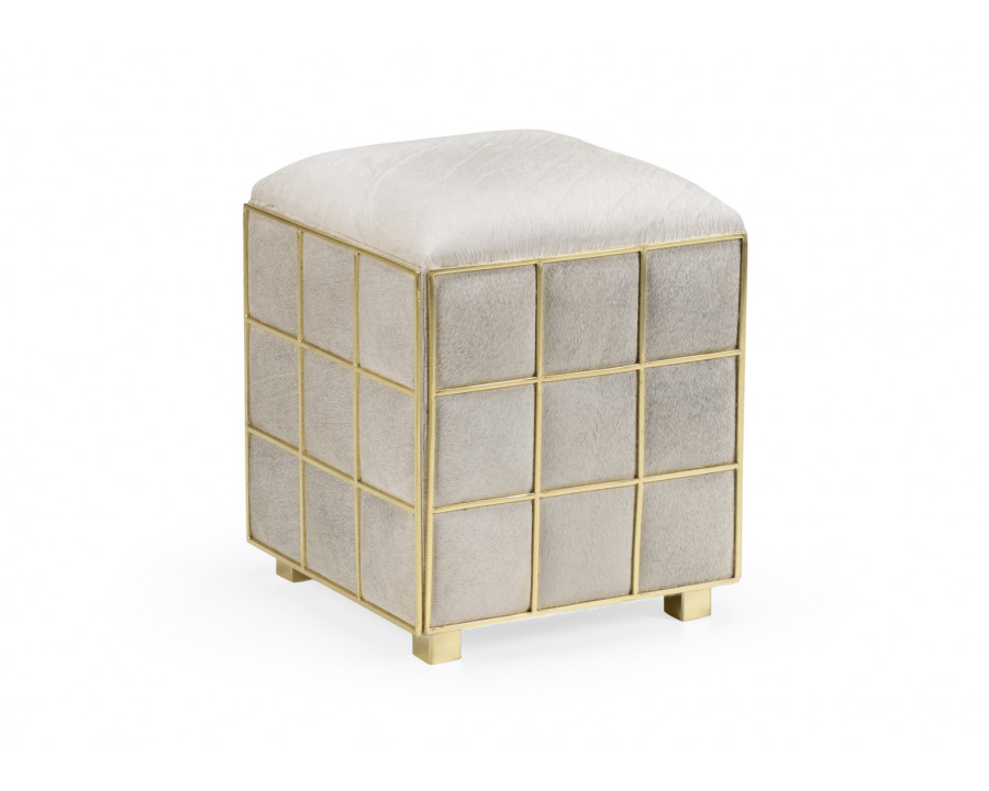 Wildwood – Square Hide Stool in Natural Light Gray/Polished Brass, Hair on Hide