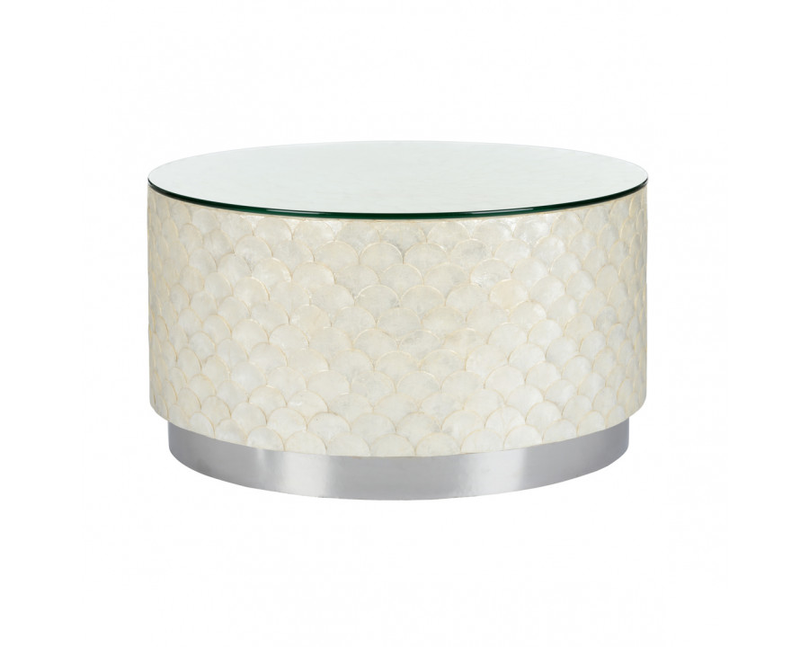 Wildwood – Samal Cocktail Table in Natural White/Clear, Wood/Capiz Shell/Glass